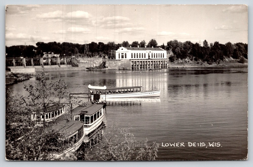 RPPC~Lower Dells Wisconsin~Tour Boats & Water Dam Scene~Real Photo Postcard