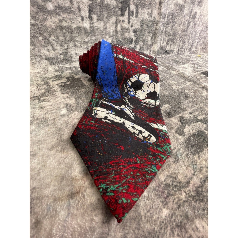 Evan Picone Sport Silk Tie Soccer Ball Cleats Abstract Graphic Red Blue Necktie-image