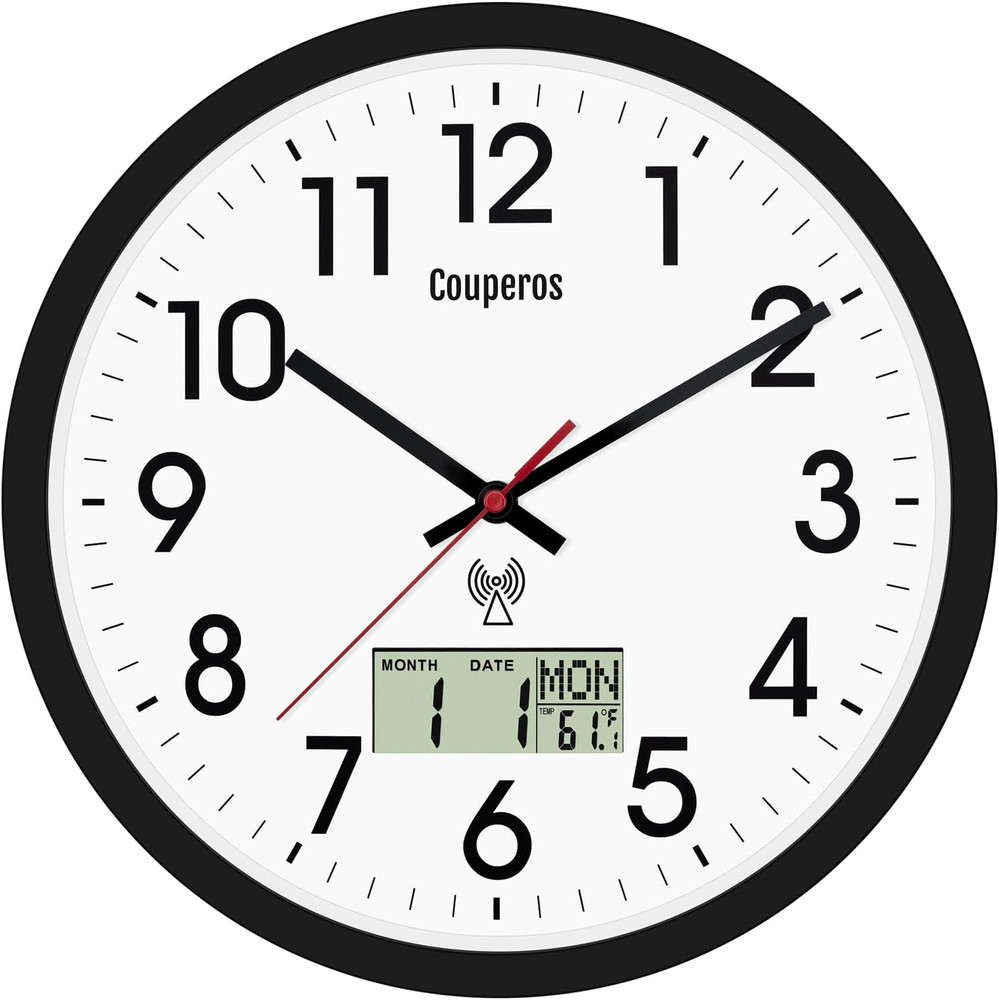 Atomic Wall Clock 12 Inch - Auto DST Modern Analog Battery Operated Silent Wall