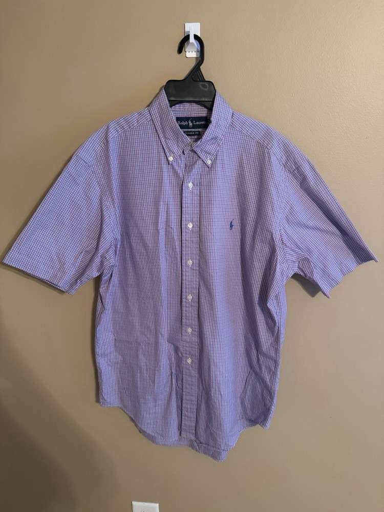 Polo Ralph Lauren Button Down Shirt Mens M Purple Plaid Classic Fit Short Sleeve