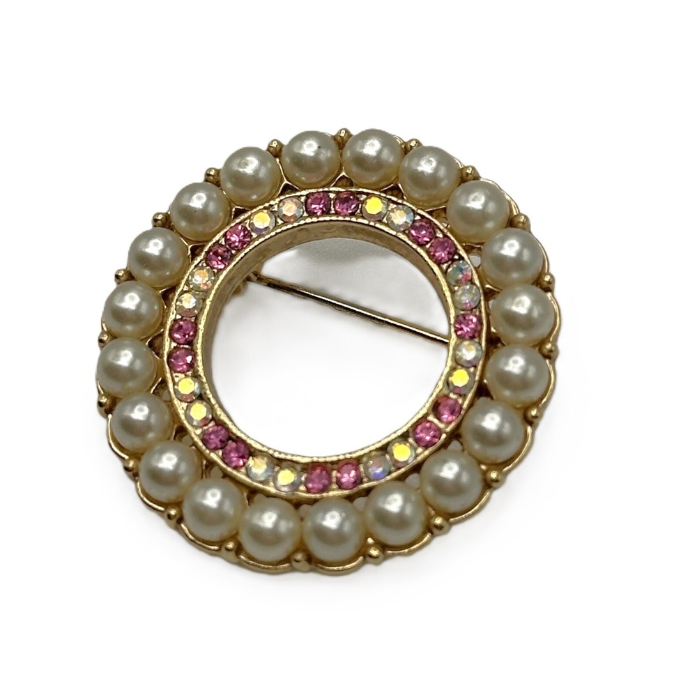 Vintage 1928 Pink Aurora Borealis Pearl Rhinestone Circle Brooch