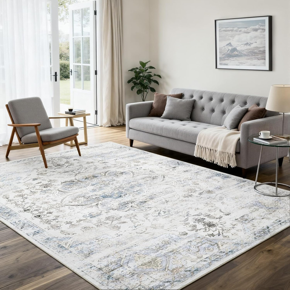5'X7' Washable Area Rug Non-Slip, Vintage Floral Medallion Distressed Carpet, So