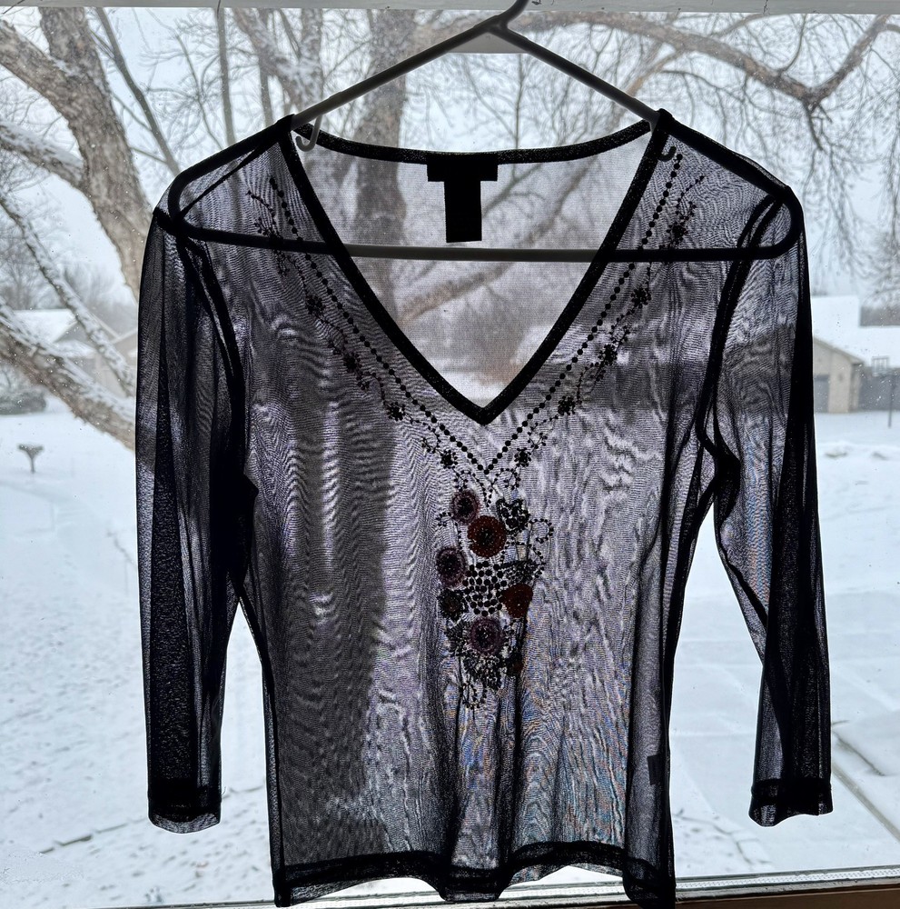 The Limited Nylon Mesh Beaded 3/4 Sleeve Deep V Top Women’s Medium M Black