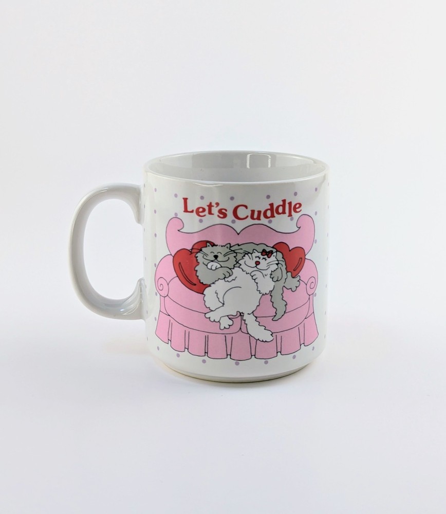Vintage Russ Berrie “Let’s Cuddle” Cat Coffee Mug Pink Couch Made in Korea