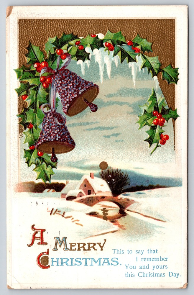 Holiday~Bells Holly Home By River Bridge Christmas greeting~Vintage Postcard