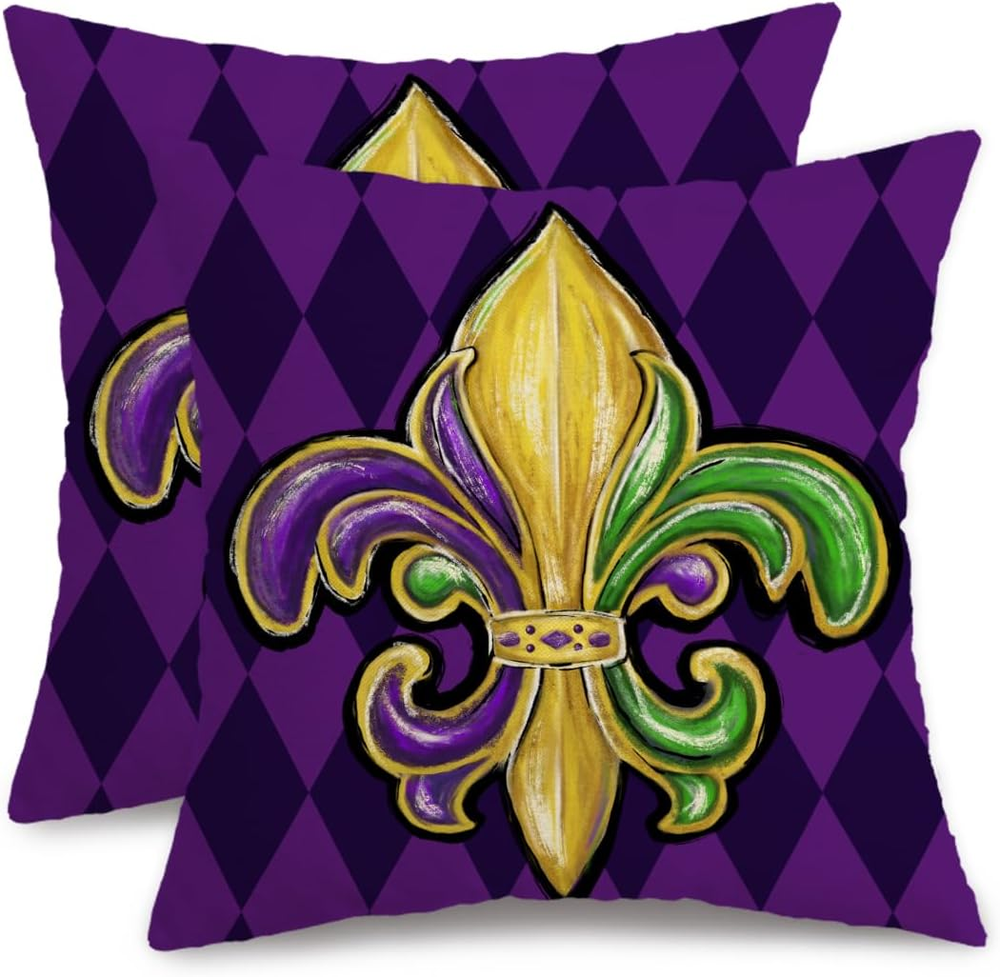 Mardi Gras Pillow Cover 18X18 Inch Fleur De Lis Beads Decor Holiday Farmhouse Pi