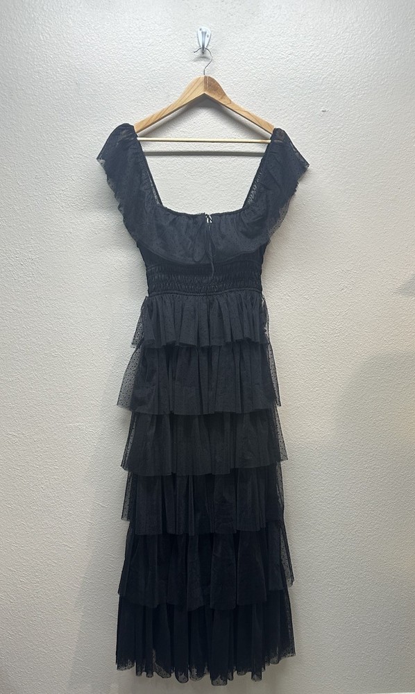 Petal And Pup Black Belle Swiss Polka Dot Tulle Tiered Maxi Dress Large