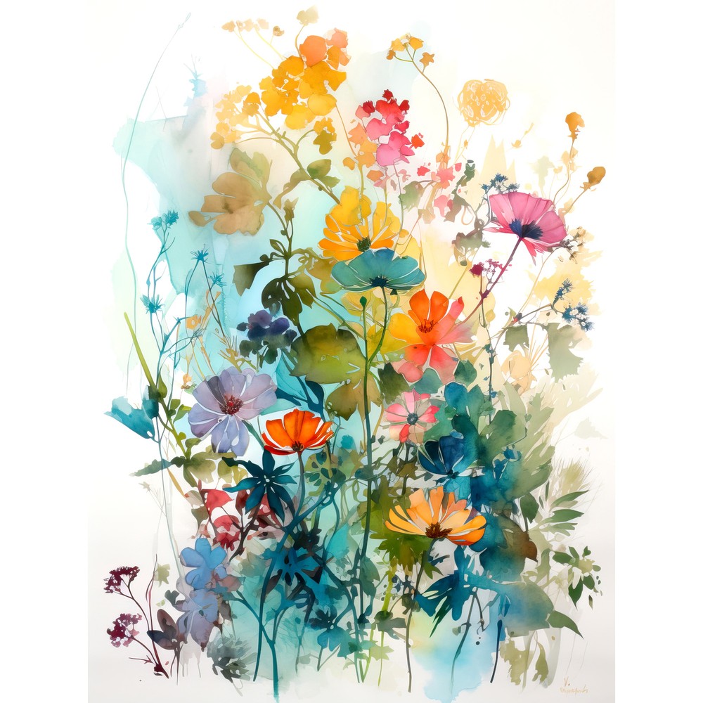 Wild Flowers Watercolour Painting Rainbow Colour Bright Floral Art Print 18X24