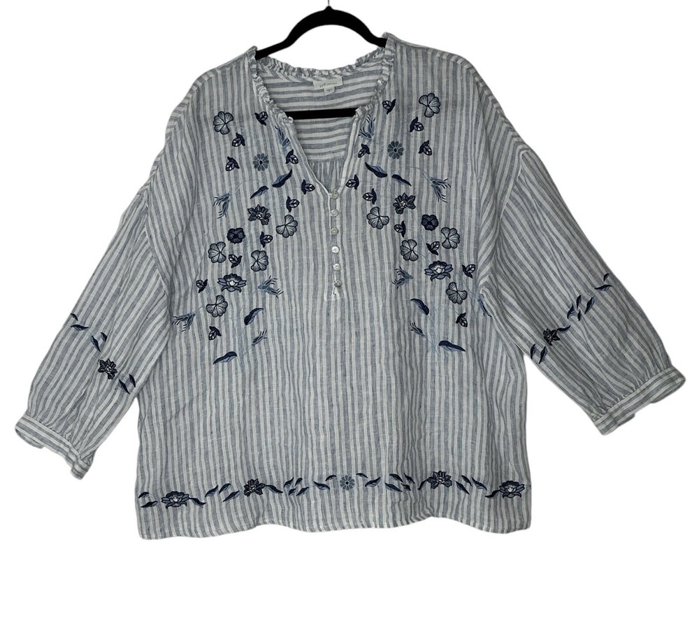 J.JILL Top Women XL Love Linen Striped Floral Embroidered 100% Linen Blouse Boho