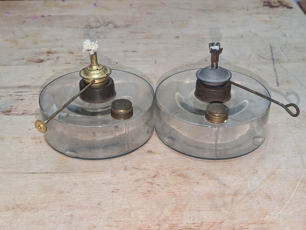 Early Glass Oil Lamp Founts And Burners Pair Of 2 Primitive Antique 5