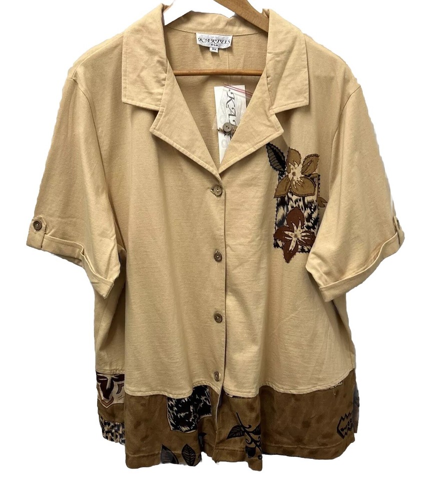 Kaktus Womens Blouse Tan 3X Linen Vintage Style Floral Casual Y2K Tropical NWT