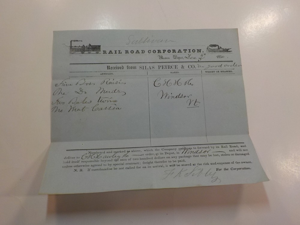 Antique Railroad Document 1850 Sullivan Rail Road Corporation Windsor Vermont