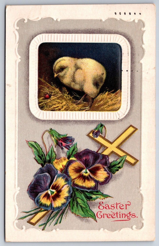 Easter Greetings~Chick In Frame W/ Holy Cross & Pansy Flowers~PM 1911~Postcard