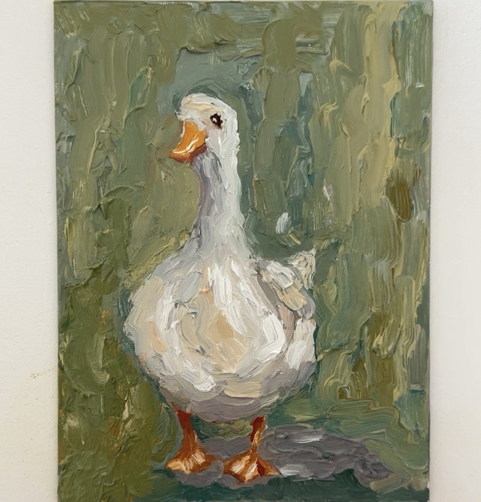 White Goose Original Impressionist Oil Painting Three White Ducks Animal Art