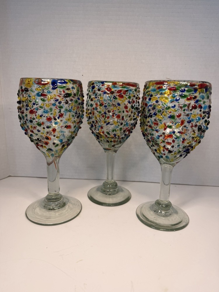 Set of 3 Hand Blown Mexican Confetti Wine Glasses