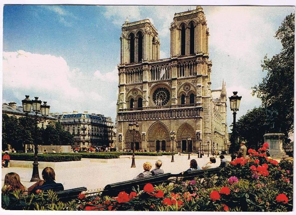 France Postcard Paris Notre Dame Cathedral Facade Courtyard Flowers