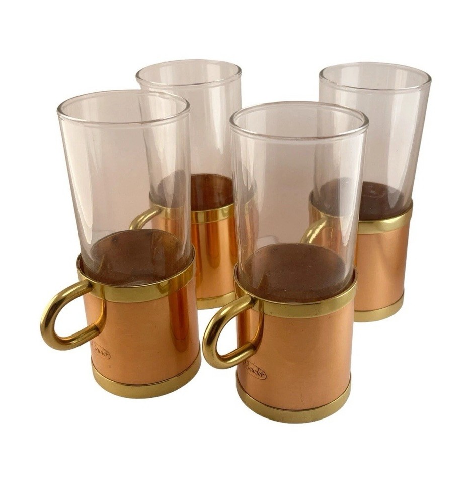 Beucler Copper Set of Four and Brass Irish Coffee Russian Tea Glasses
