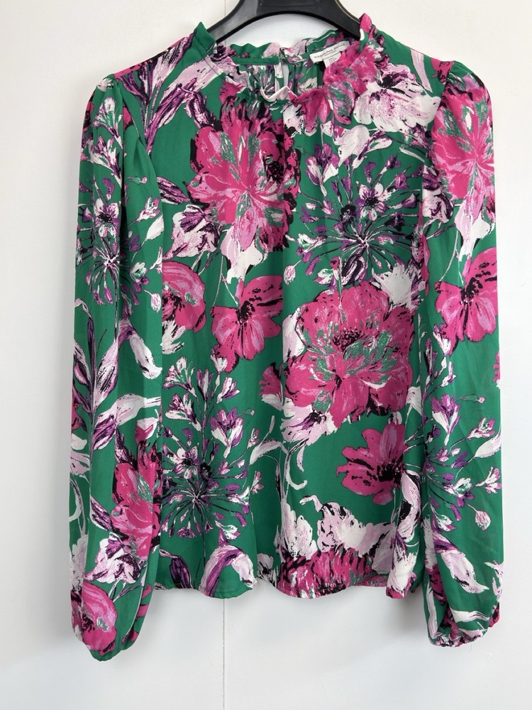 Carolina Belle Montreal Womens Floral Long Sleeve Ruffle Neck Keyhole Blouse Size S