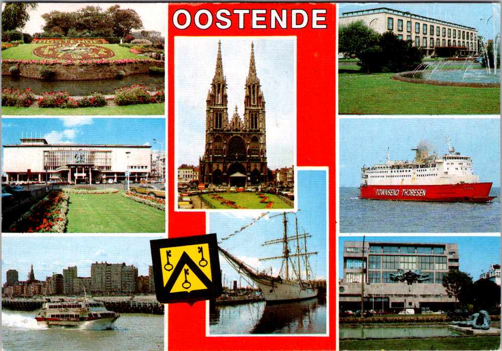 Vintage Postcard Oostende Belgium City Views Cathedral Garden Ship