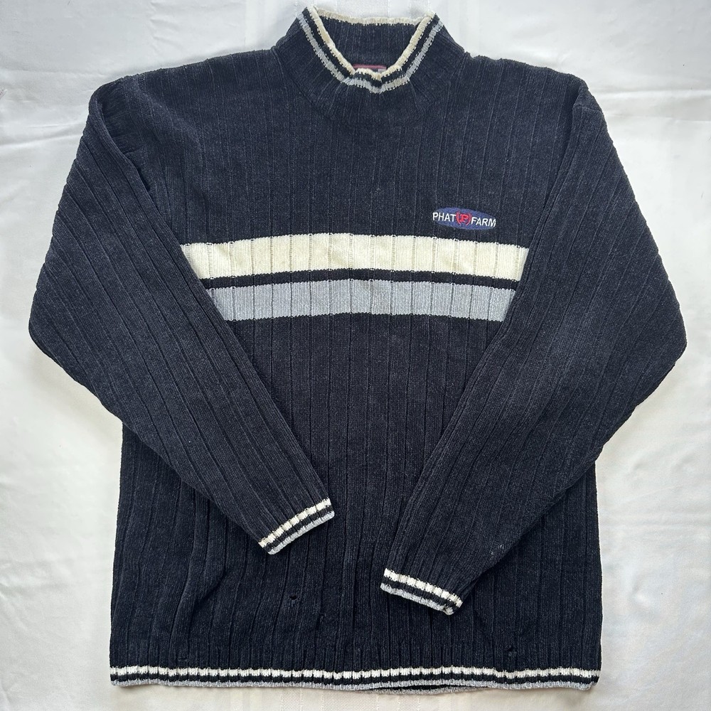 Phat Farm Sweater Men’s L Black Gray White Stripe Ribbed Knit 90s Y2K 26” Chest