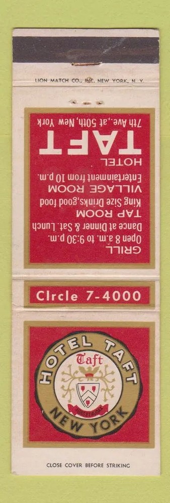 Matchbook Cover - Hotel Taft New York City