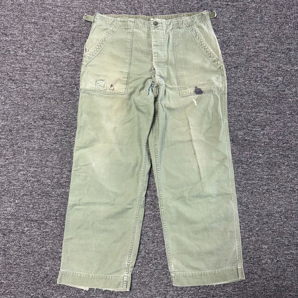 Vintage 60s WW2 US Army Fatigue Military Pants 34x28 Thrashed Sun Faded Gradient