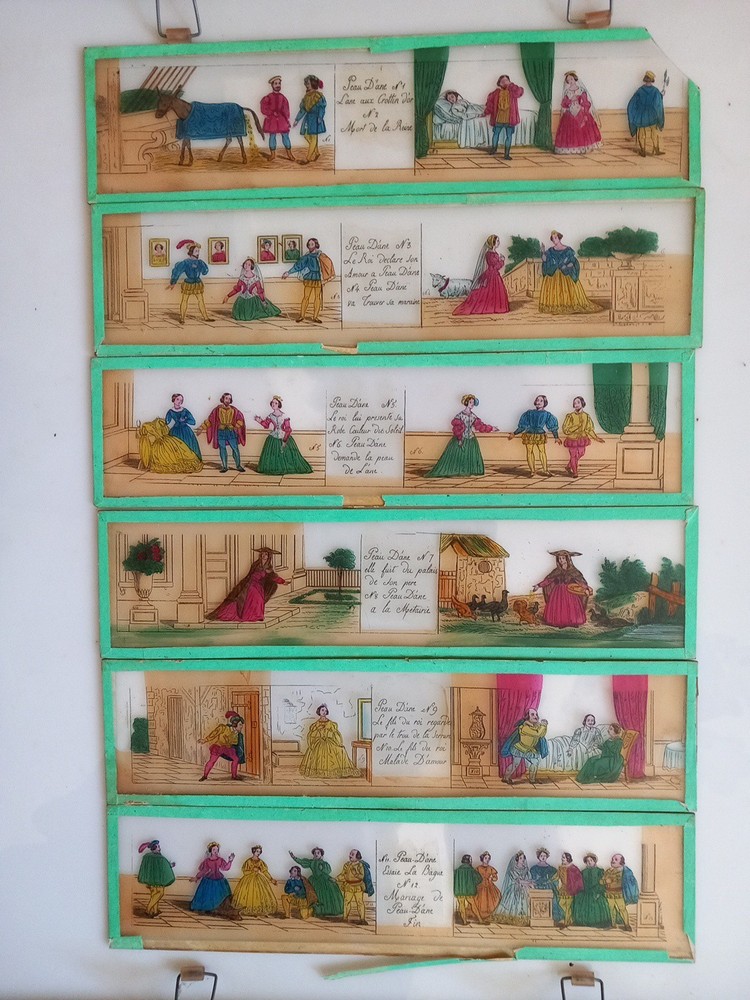 Magic Lantern Glass Painted Beard Plaques, 6 Panels, Complete, 19th Century