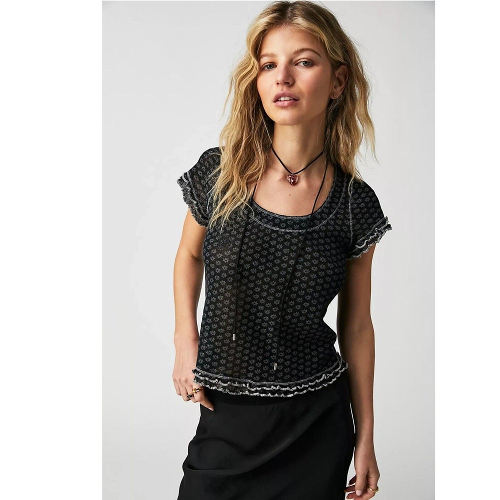 Free People Garner Tee Blouse Top Floral Printed Ruffle Short Sleeve M 273377