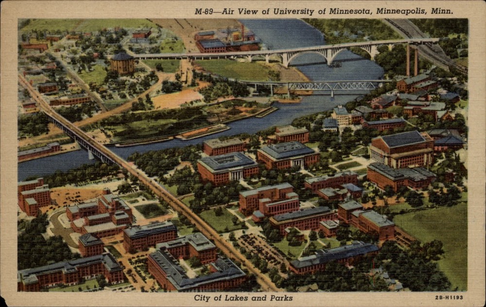 Minneapolis Minnesota University of Minnesota aerial view  linen postcard sku599