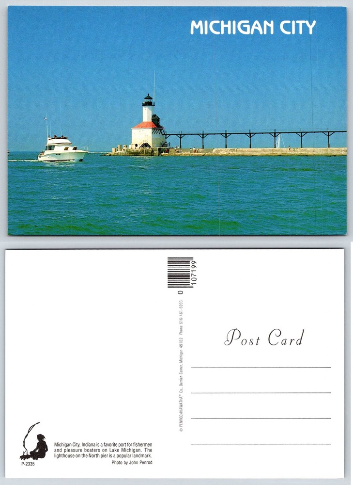 Michigan City Indiana NORTH PIER LIGHTHOUSE Postcard V415