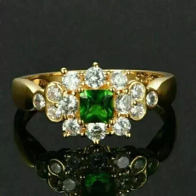 Princess Cut Simulated Emerald 14k Gold Plated Women's Band Ring