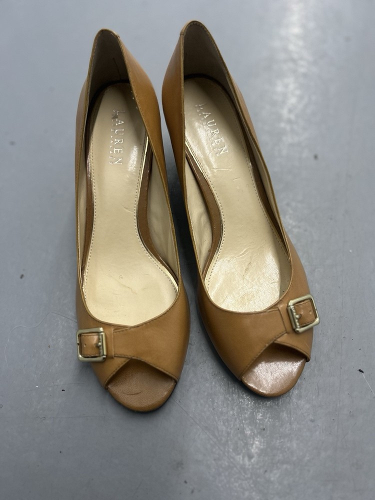 Ralph Lauren Buckled Peep-Toe Damaris Kitty Heel Shoe Size 10 B Woman Leather