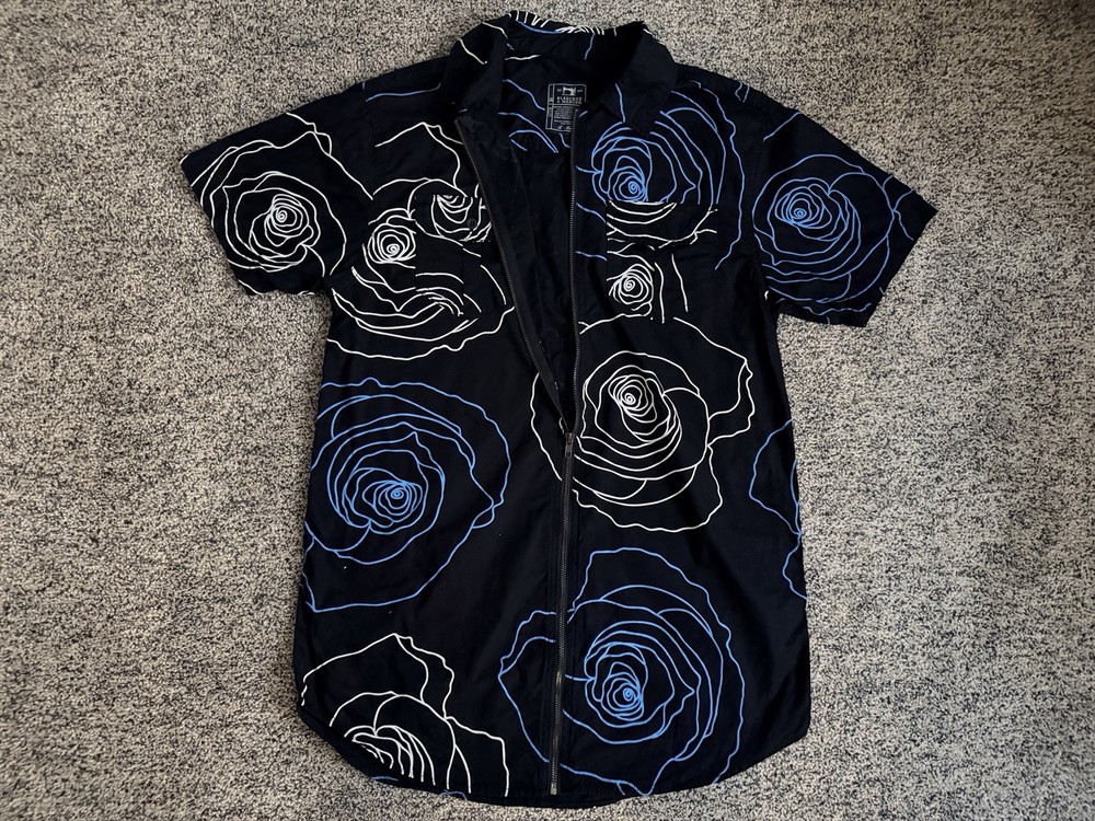 Bleecker & Mercer Men's Floral zip up Shirt Black Blue XL Cotton Blend  YZK