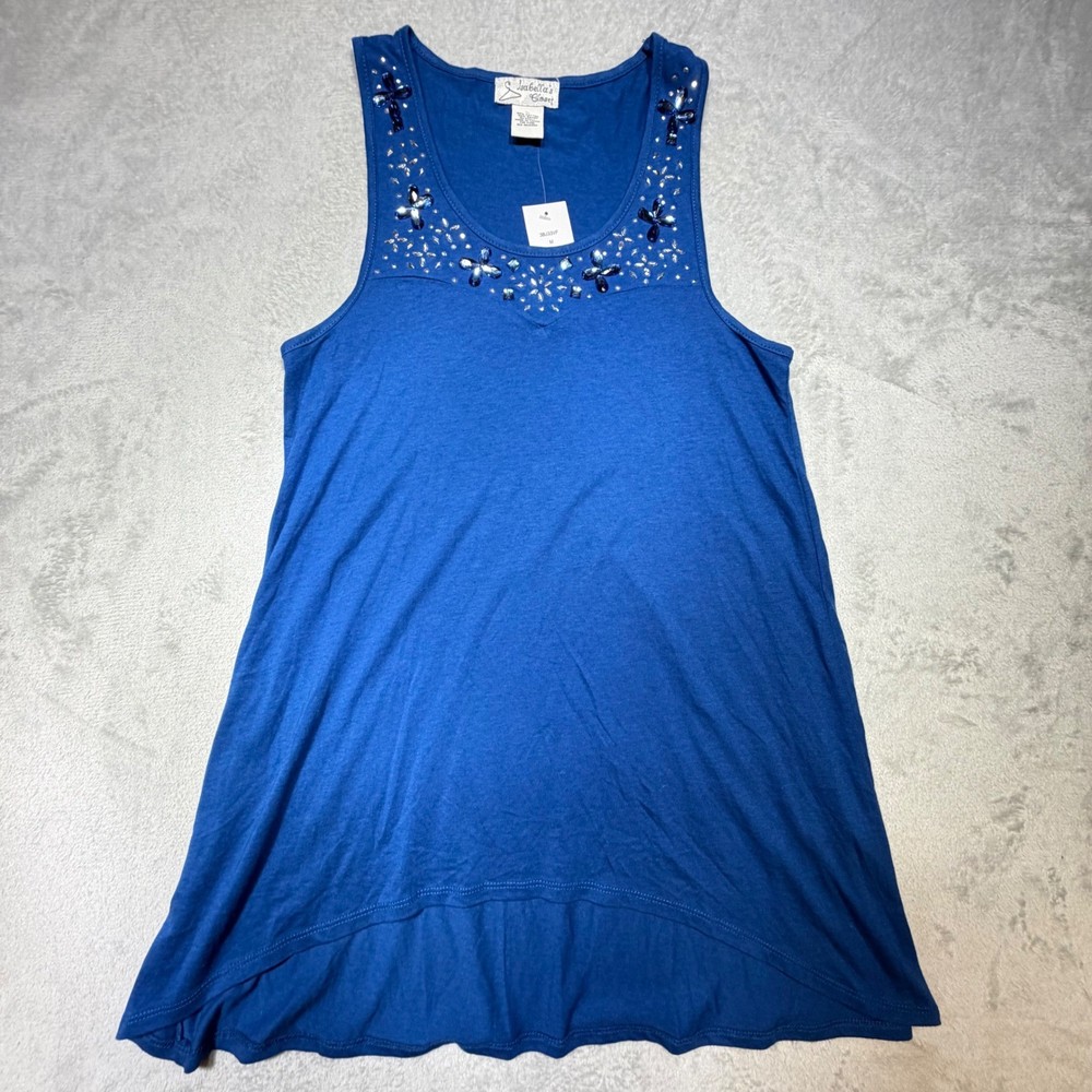 Isabella's Closet Blue Embellished Tank Top Size M Cotton Blend Beaded Y2K Boho