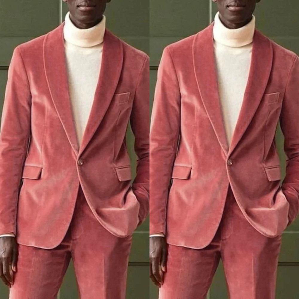 Velvet Men's Suits 2 Pieces Single Breasted Slim Fit One Button Coat for Wedding