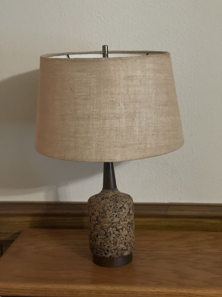 Vtg Mid Century Modern Cork & Walnut Wood Table Lamp MCM Genie Bottle 17.5”Tall