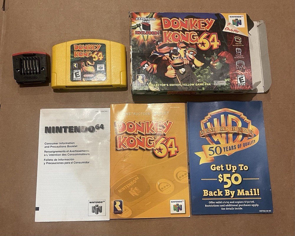 Donkey Kong 64 (Nintendo 64 1999) Yellow Cartridge CIB Box + Expansion Pak