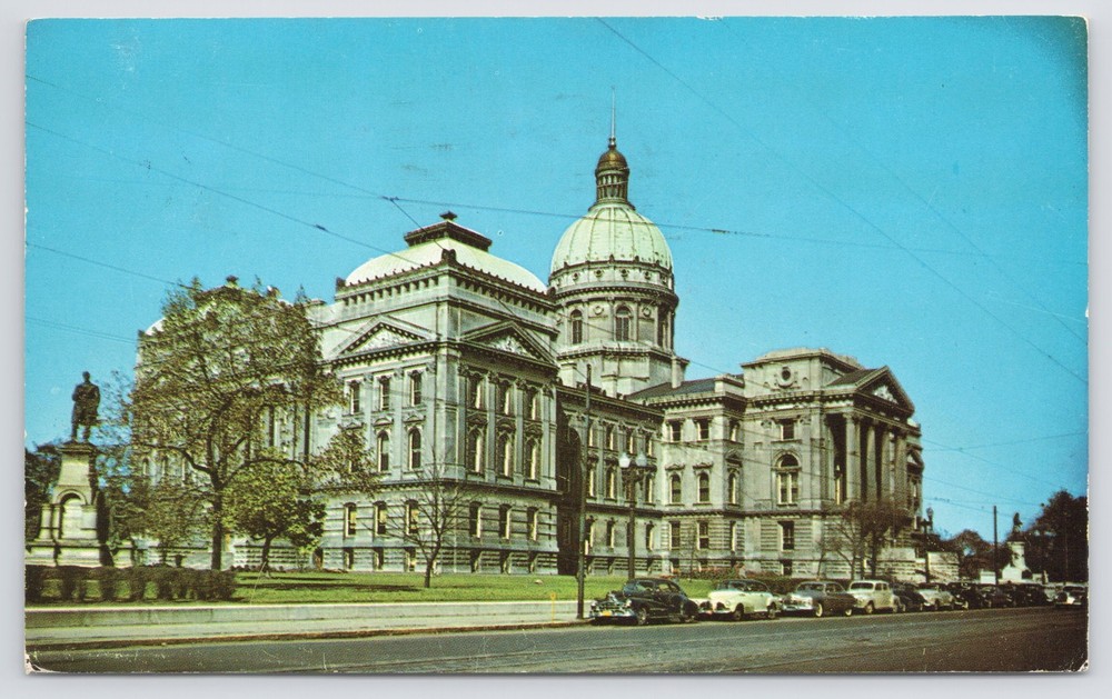 Indianapolis Indiana~State House~Classic Cars in Front~1950s Postcard