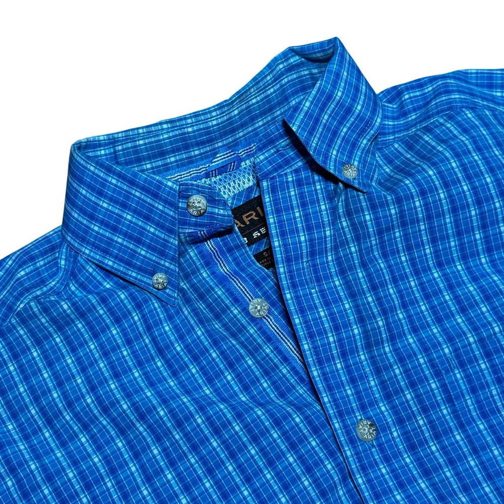 Ariat Pro Series Mens Small Blue Plaid Button Front Western Shirt