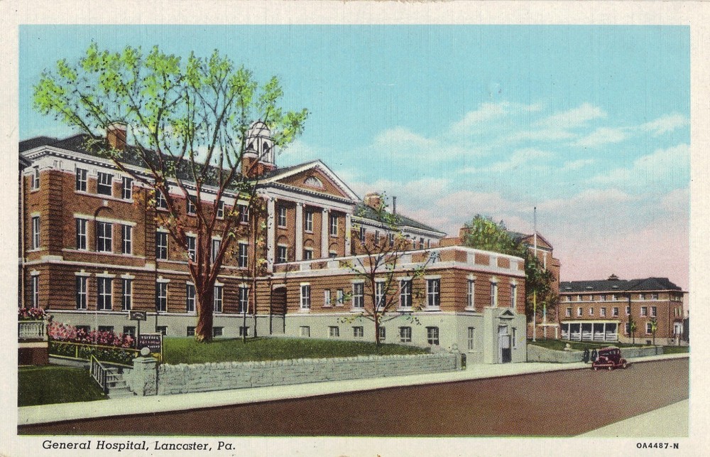 Lancaster PA General Hospital Vintage Postcard UNPOSTED OLD CAR