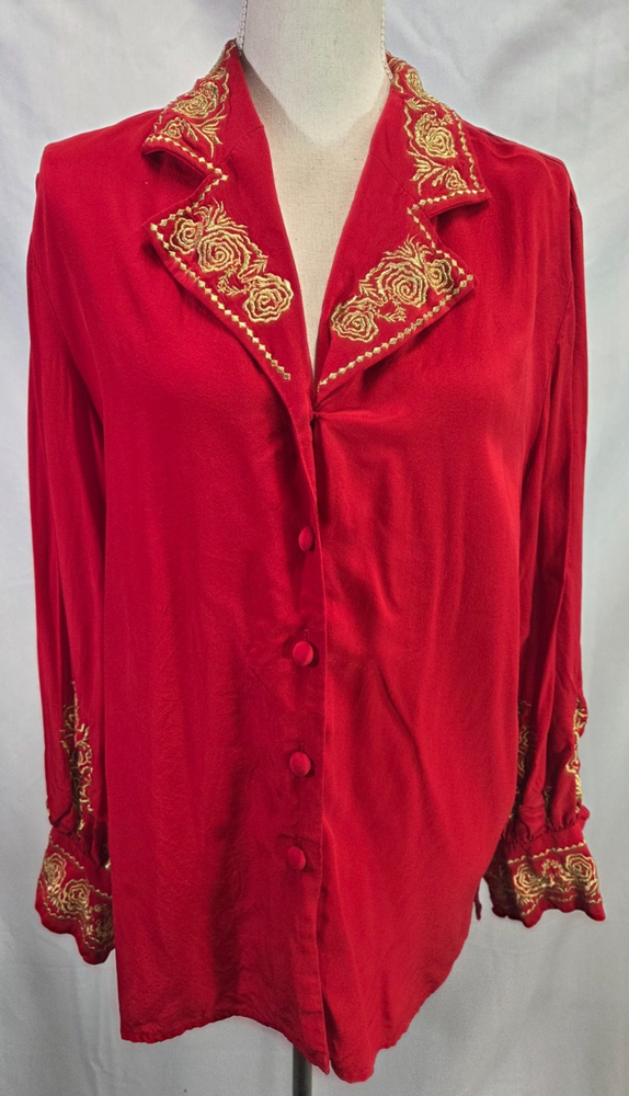 Diane Von Furstenberg Red Silk Blouse With Gold Rose Detail Size L