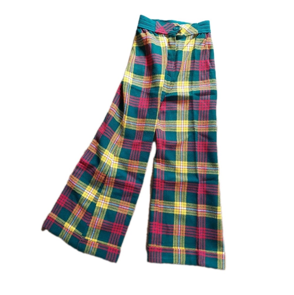 Vintage 70's Bobbie Brooks Bell Bottom Flare Pants Plaid Size 7 XS Retro Hippie