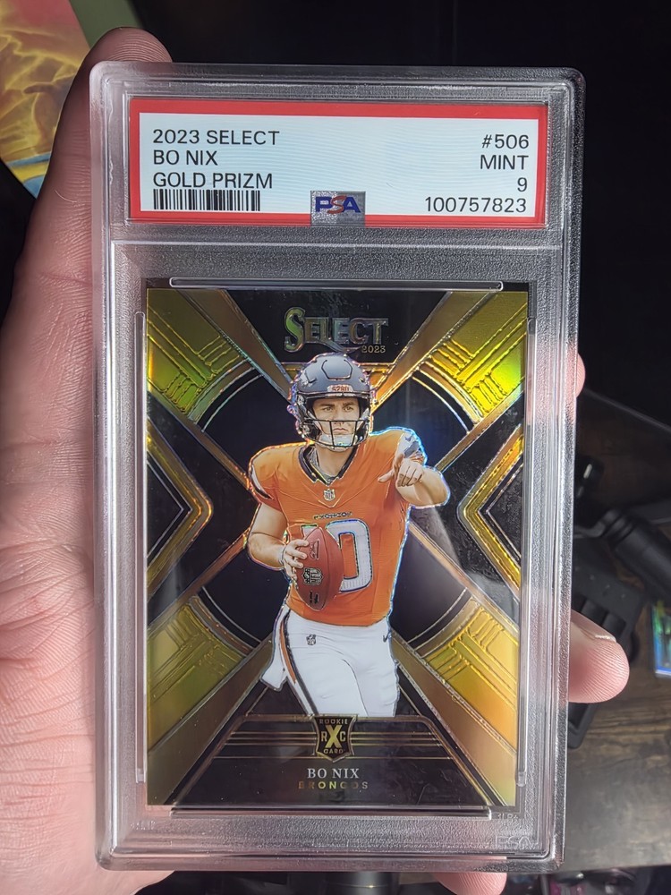 2023 Panini Select Bo Nix XRC Gold /10. PSA 9.  First Pro Card Ever. Broncos.