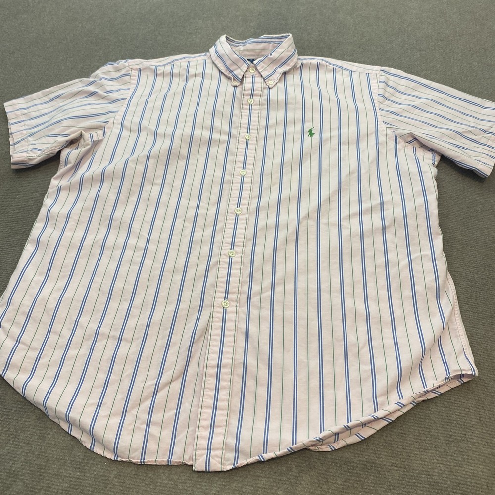 Ralph Lauren Polo Shirt Mens XL Pink Blue Green Striped Classic Fit Short Sleeve