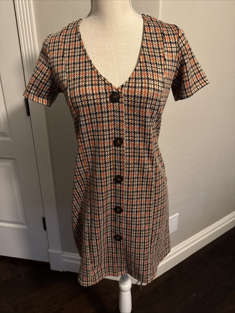 Zara Trafaluc Women’s Short Sleeve Button-Up Plaid Mini Dress M