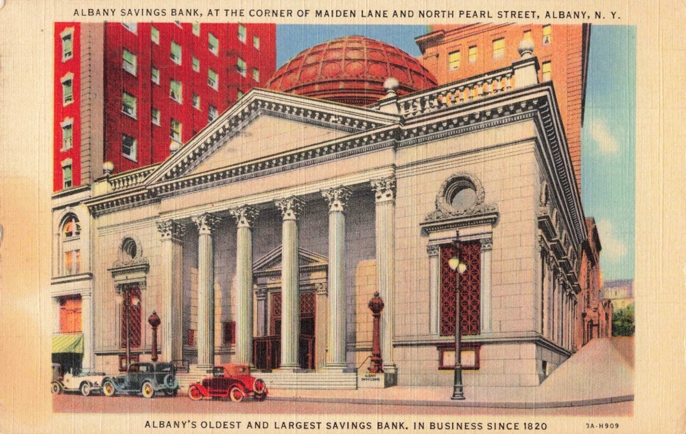 Albany Savings Bank Albany New York NY Old Cars Linen 1942 Postcard