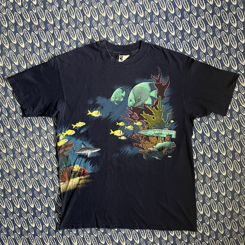 Vintage 90s Nature Ocean Fish AOP Harlequin Single Stitch T Shirt Size XL Navy