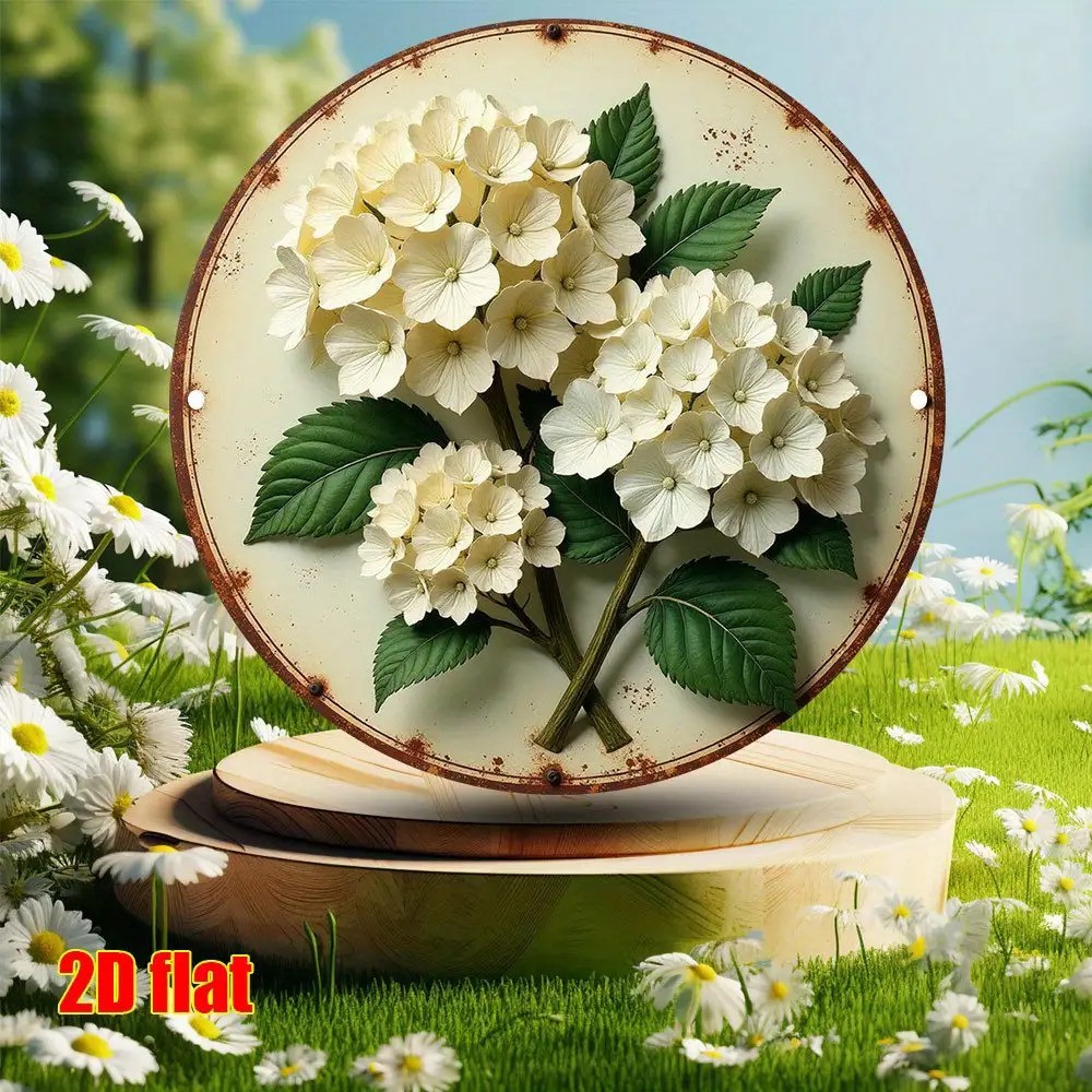 White Hydrangea Art Vintage Round Aluminum Artwork Wall Decor