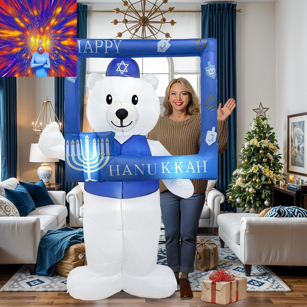 6.4 FT Hanukkah Inflatable Outdoor Holiday Yard Decorations Frame with Polar Bea