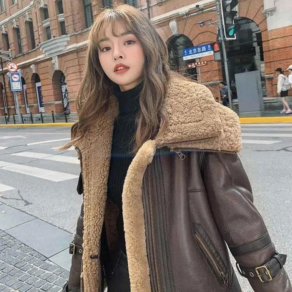 Women's Brown RAF B3 Aviator Faux Fur Lambskin Leather Bomber Jacket Gift